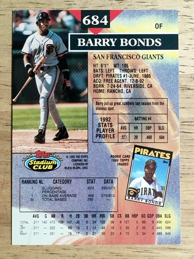 1993 Stadium Club #684 Barry Bonds
