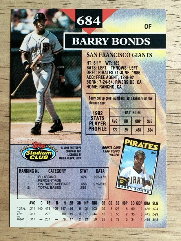 1993 Stadium Club #684 Barry Bonds