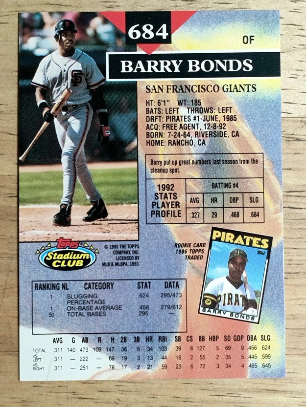1993 Stadium Club #684 Barry Bonds