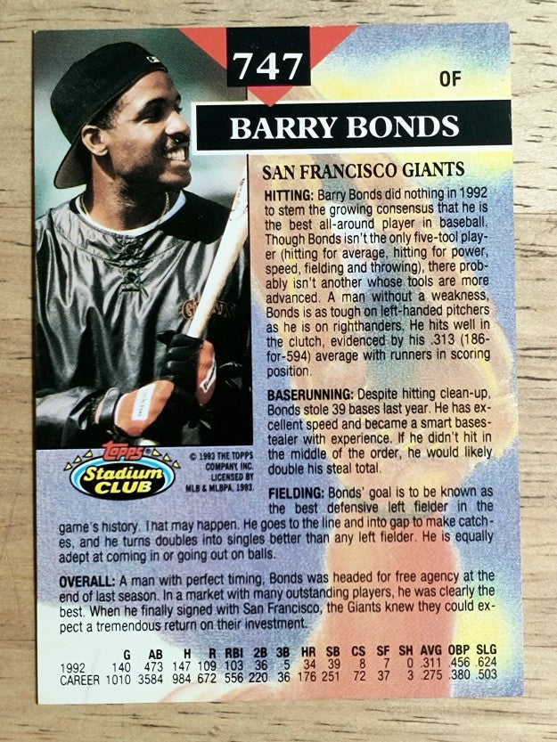 1993 Stadium Club #747 Barry Bonds MC