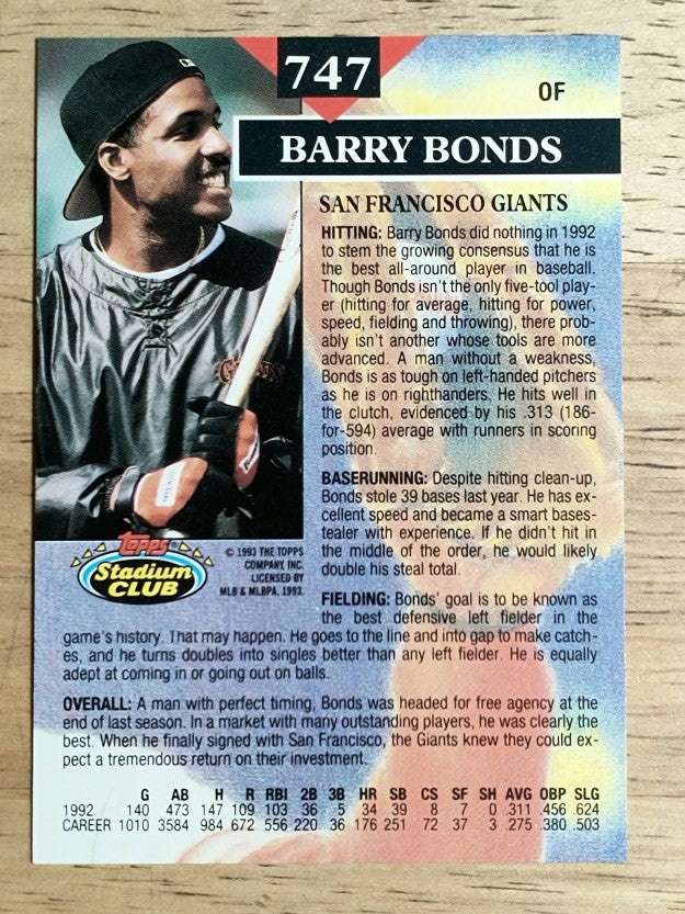 1993 Stadium Club #747 Barry Bonds MC