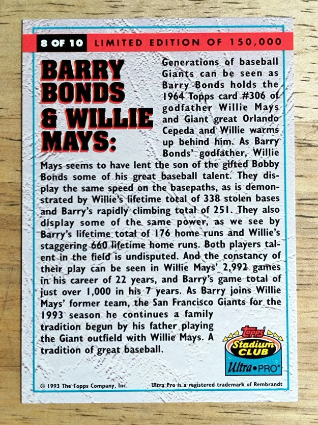 1993 Stadium Club Ultra-Pro #8 Barry Bonds/Willie Mays