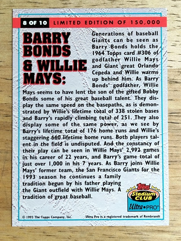 1993 Stadium Club Ultra-Pro #8 Barry Bonds/Willie Mays
