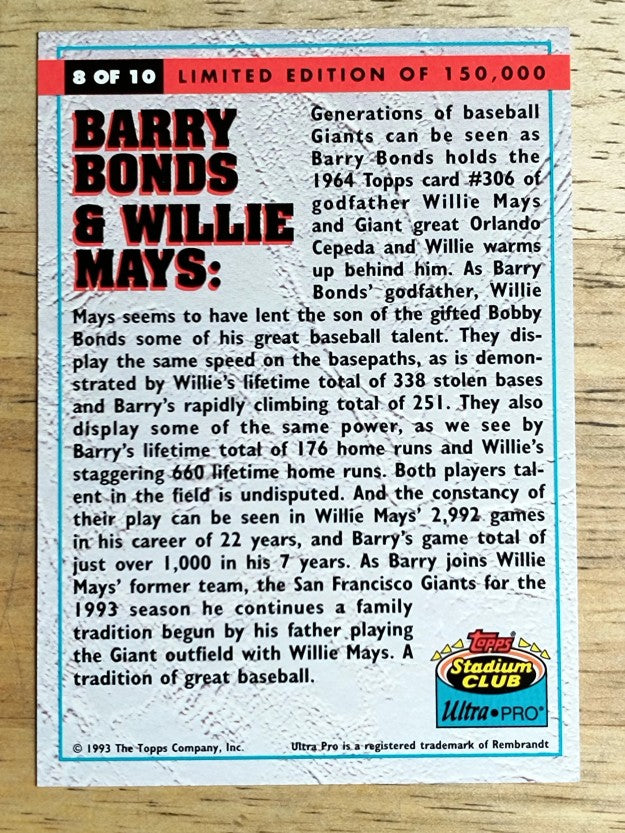 1993 Stadium Club Ultra-Pro #8 Barry Bonds/Willie Mays