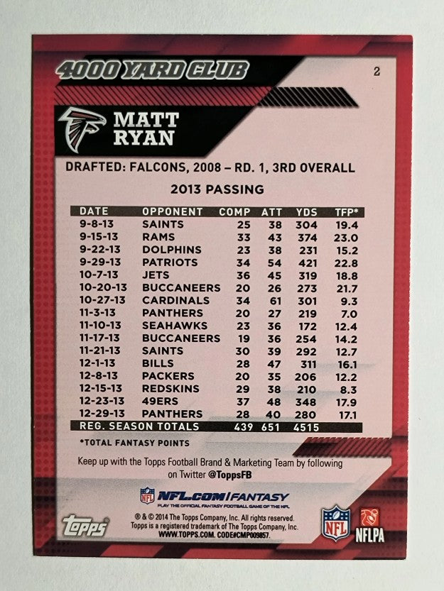 2014 Topps 4000 Yard Club #2 Matt Ryan