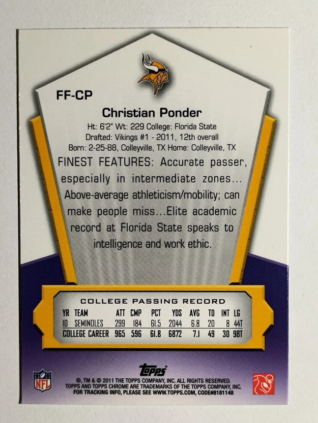 2011 Topps Chrome Finest Freshman #FFCP Christian Ponder