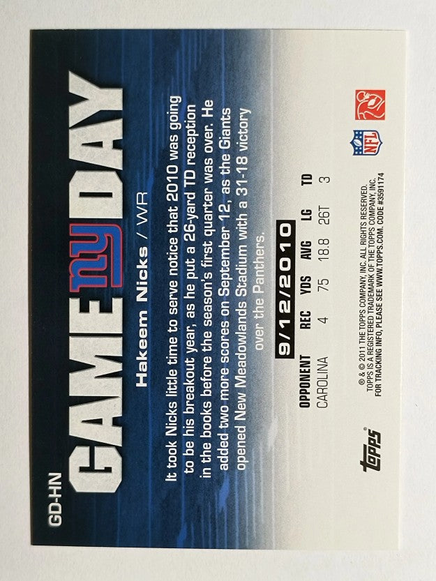 2011 Topps Game Day #GDHN Hakeem Nicks