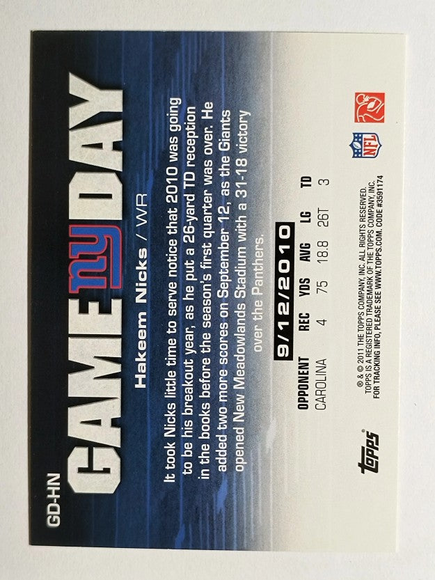 2011 Topps Game Day #GDHN Hakeem Nicks