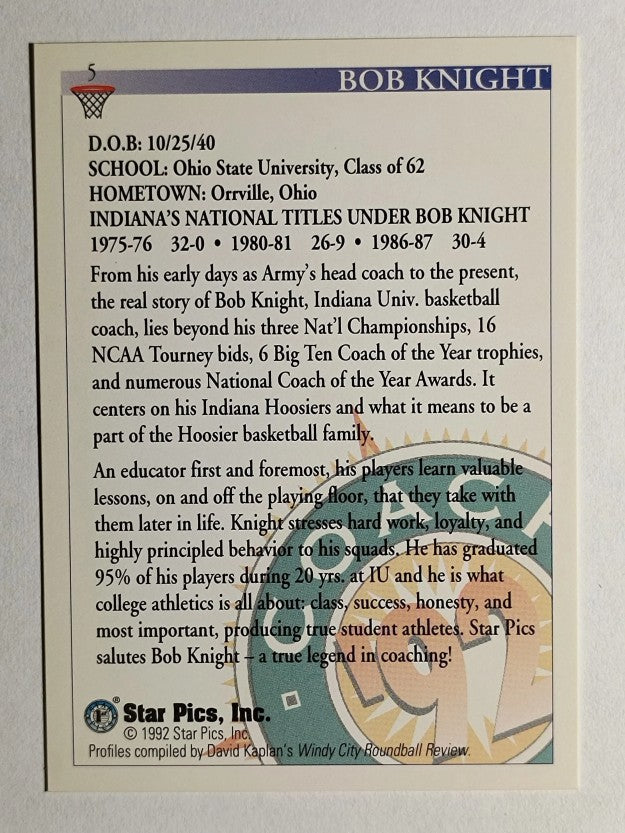 1992 Star Pics #5 Bob Knight CO (NM)