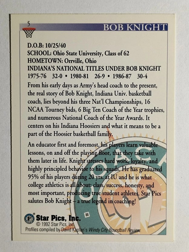 1992 Star Pics #5 Bob Knight CO (EX)