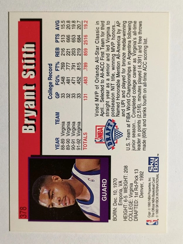1992-93 Hoops #378 Bryant Stith RC