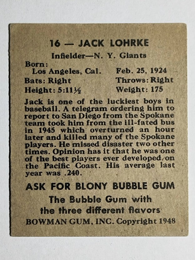1948 Bowman #16 Jack Lohrke SP RC (EX)