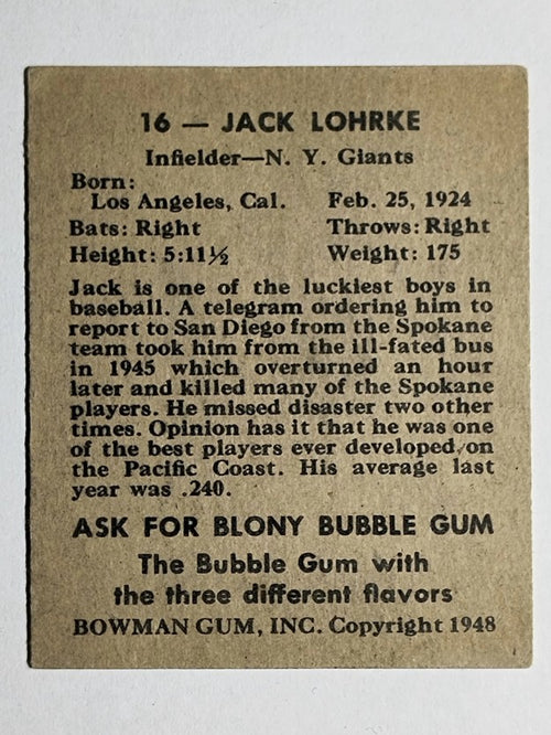 1948 Bowman #16 Jack Lohrke SP RC (EX)