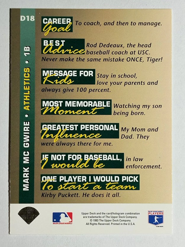 1993 Upper Deck On Deck #D18 Mark McGwire
