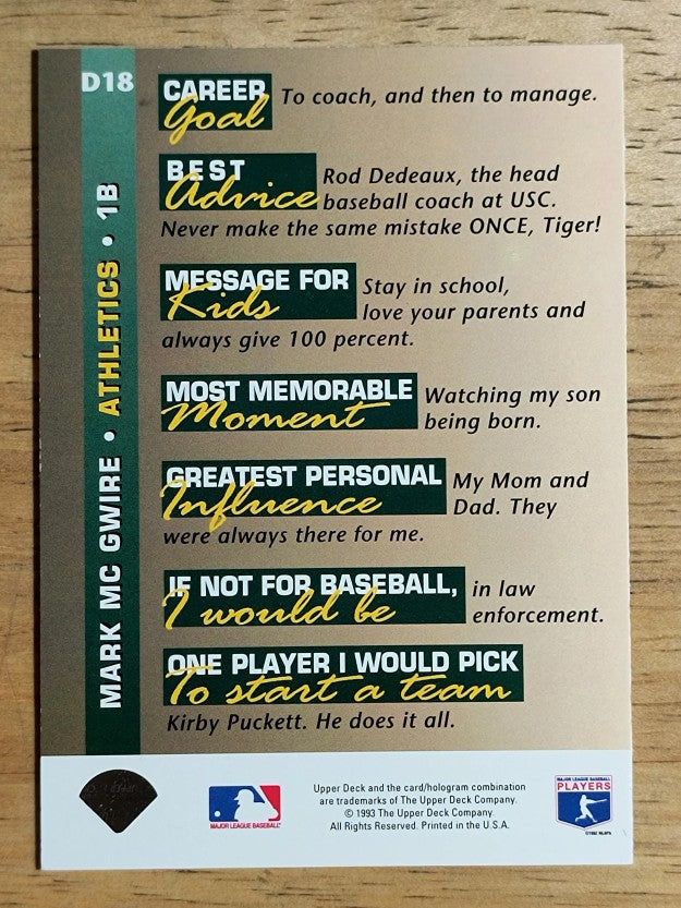 1993 Upper Deck On Deck #D18 Mark McGwire