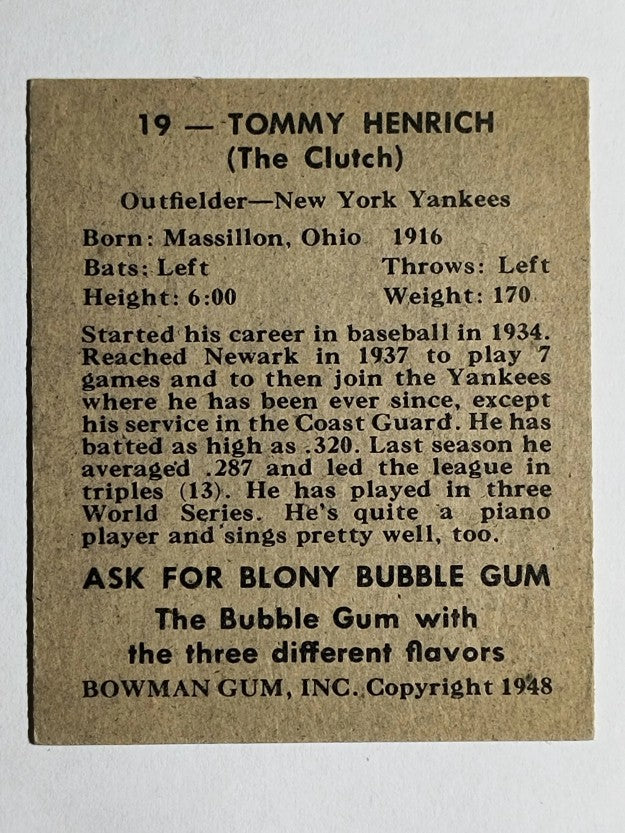 1948 Bowman #19 Tommy Henrich (EXMT)