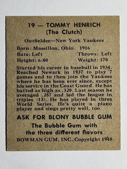 1948 Bowman #19 Tommy Henrich (EXMT)