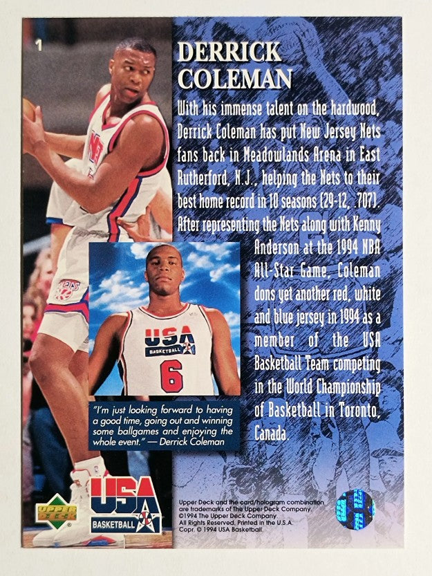 1994 Upper Deck USA Gold Medal #1 Derrick Coleman/Player Quotebook