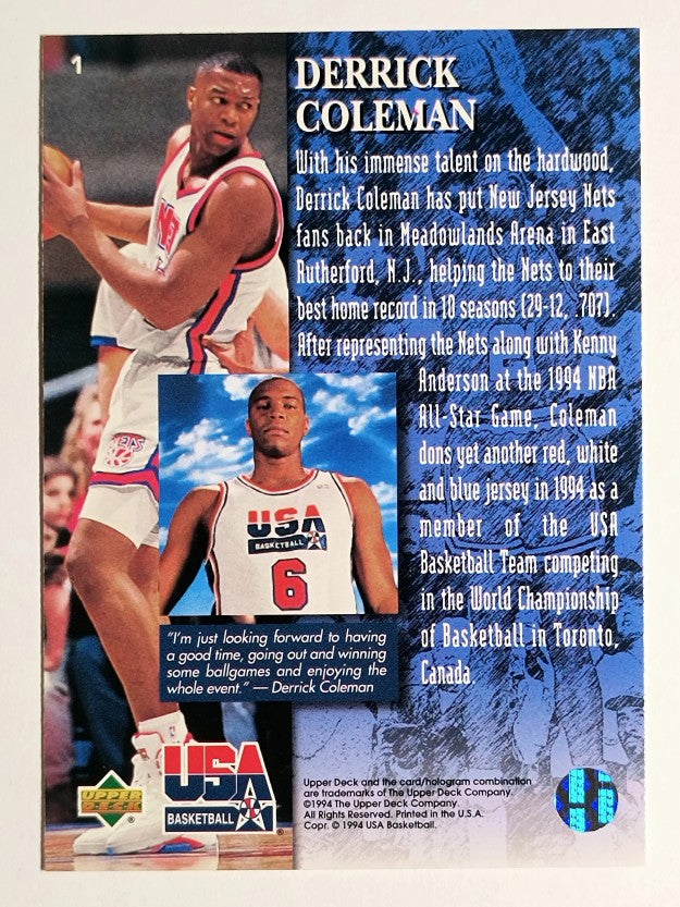 1994 Upper Deck USA Gold Medal #1 Derrick Coleman/Player Quotebook