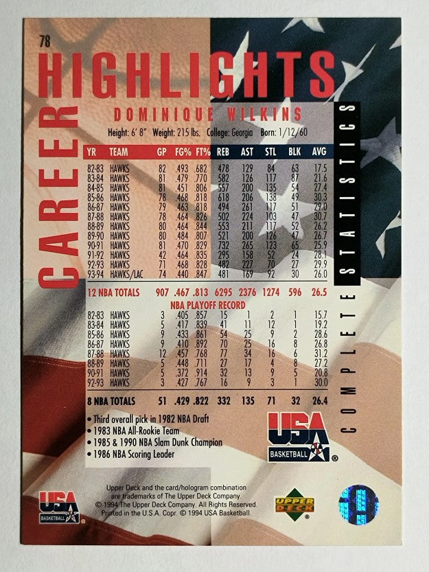 1994 Upper Deck USA Gold Medal #78 Dominique Wilkins/Career Statistics