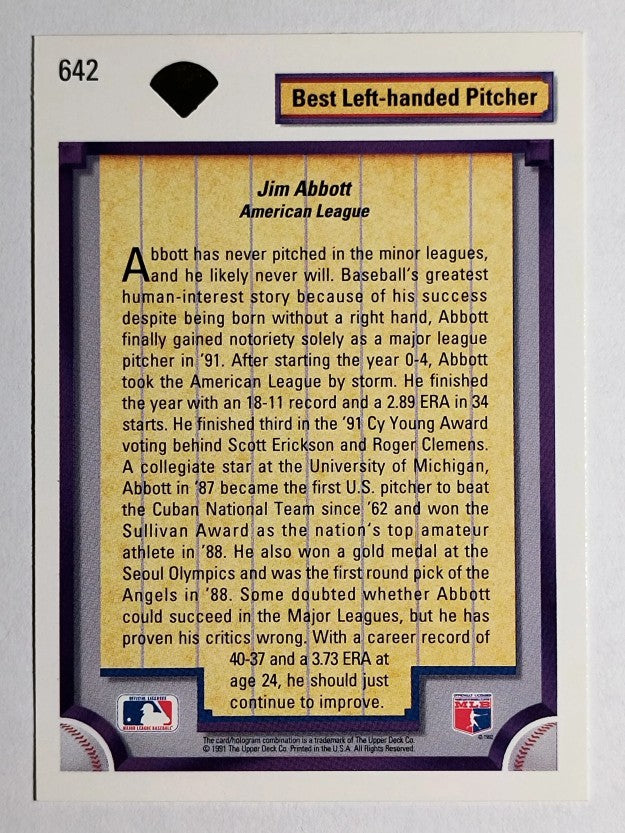 1992 Upper Deck Gold Hologram #642 Jim Abbott DS