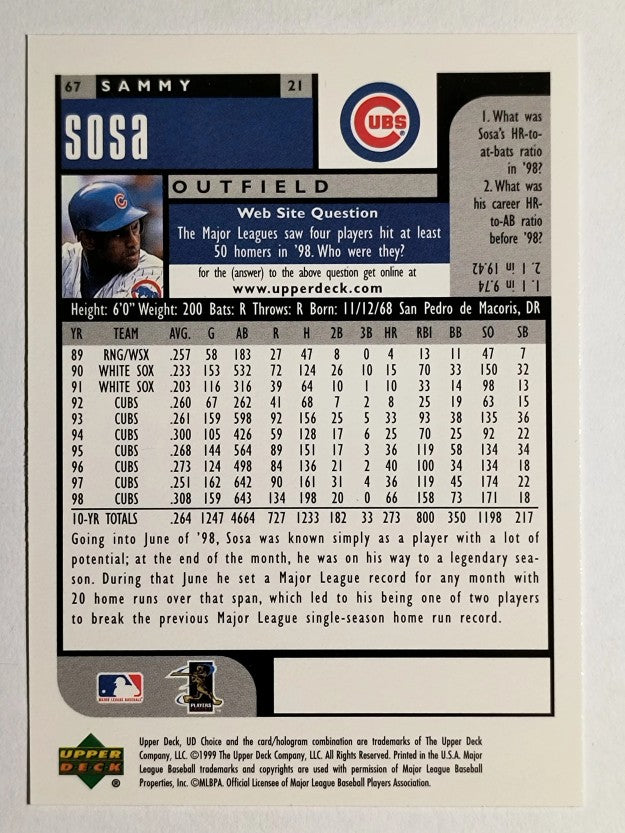 1999 UD Choice #67 Sammy Sosa