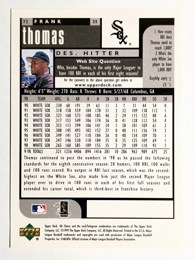 1999 UD Choice #72 Frank Thomas