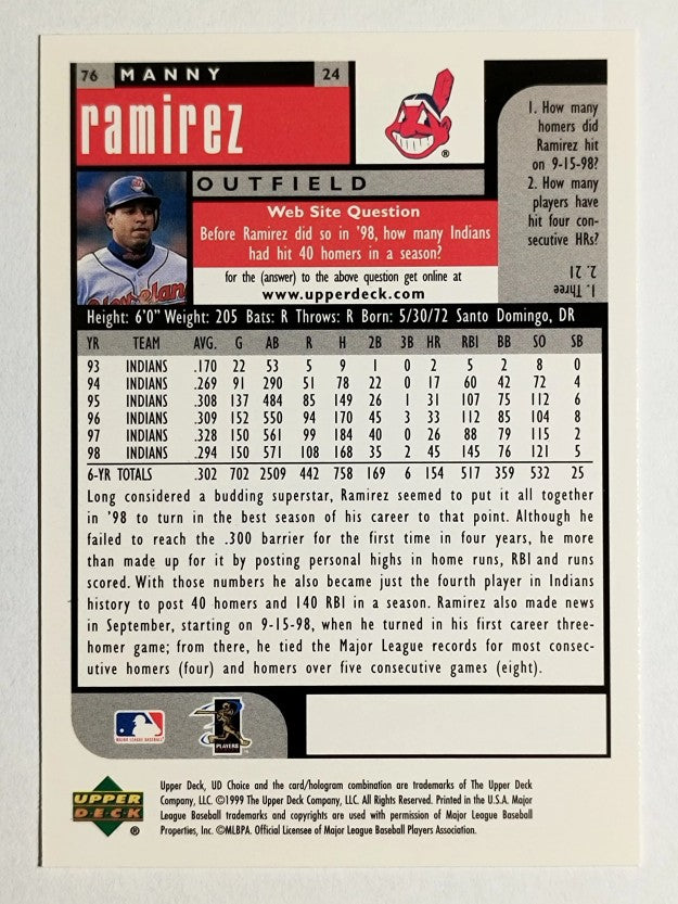 1999 UD Choice #76 Manny Ramirez