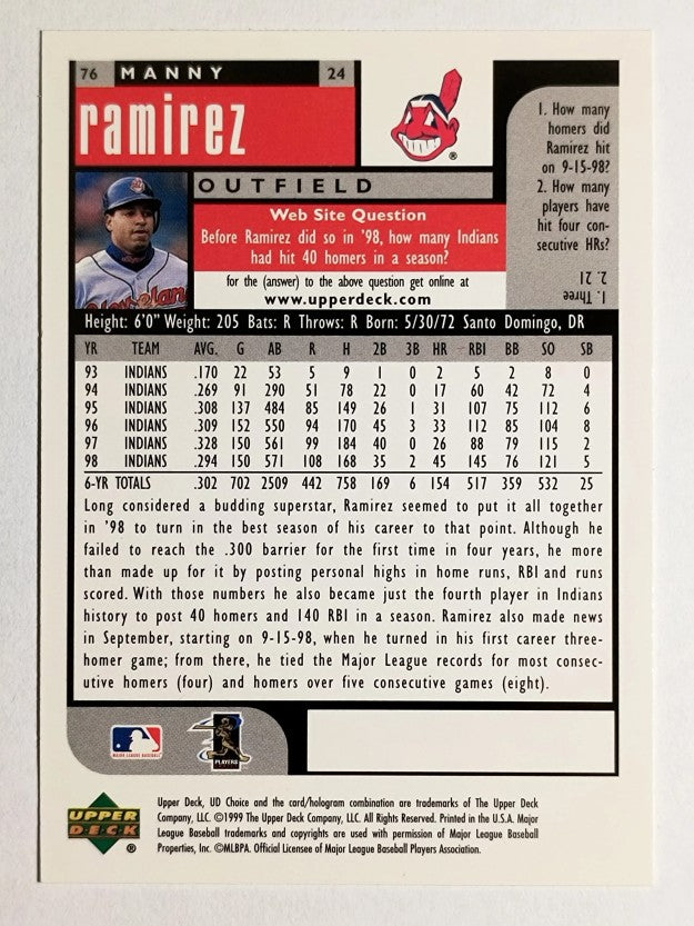 1999 UD Choice #76 Manny Ramirez