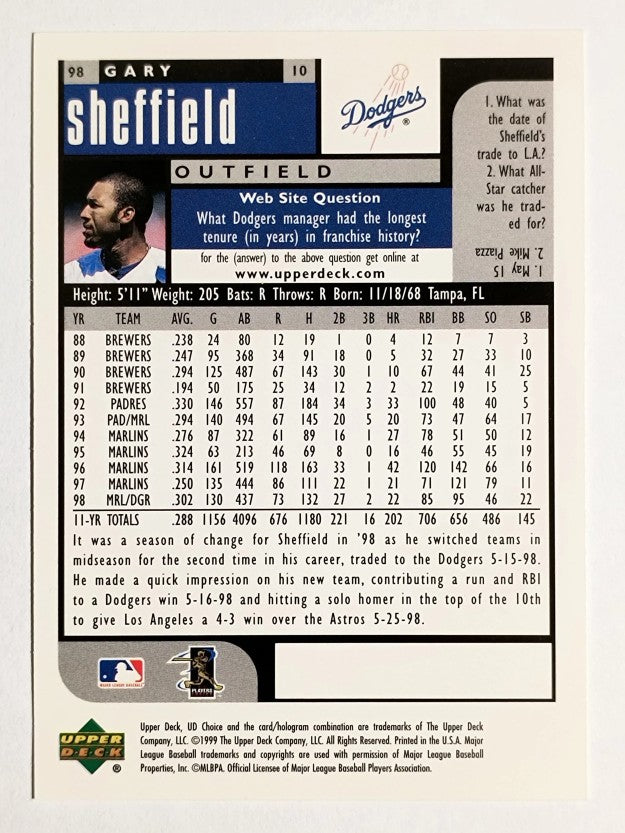 1999 UD Choice #98 Gary Sheffield