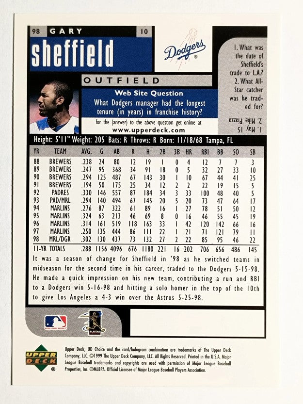 1999 UD Choice #98 Gary Sheffield