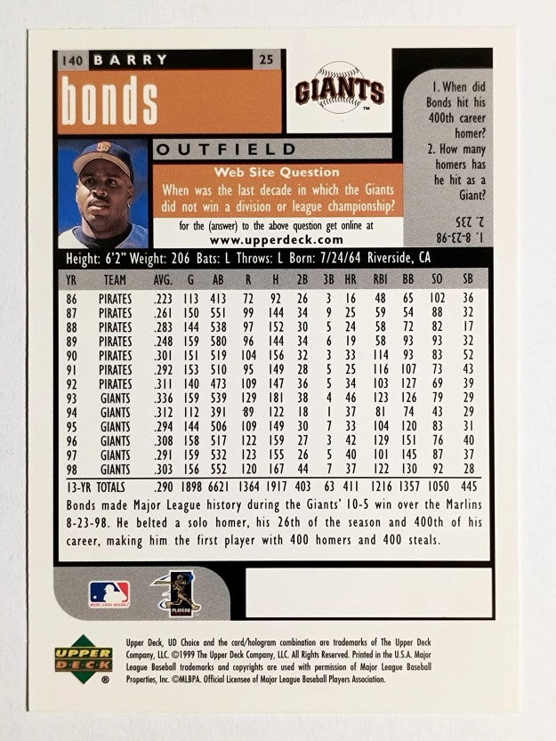 1999 UD Choice #140 Barry Bonds
