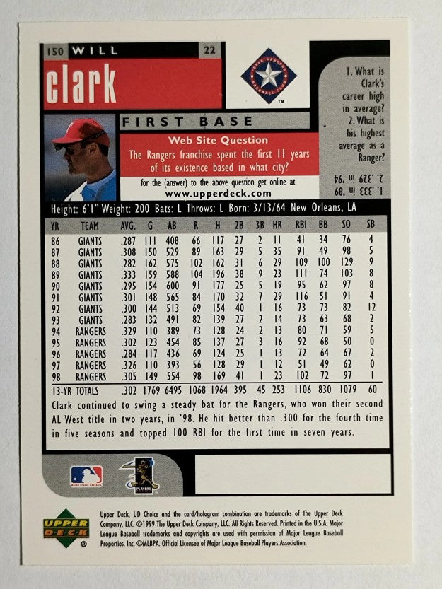 1999 UD Choice #150 Will Clark