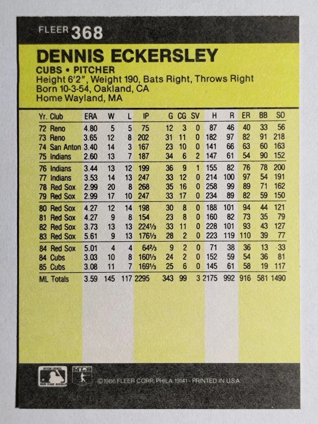 1986 Fleer #368 Dennis Eckersley