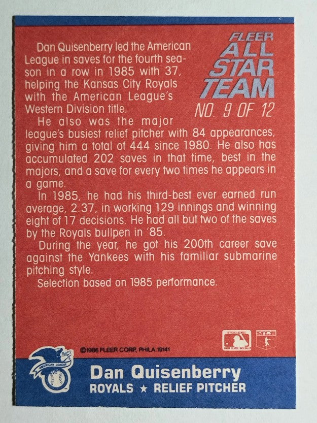 1986 Fleer All-Stars #9 Dan Quisenberry
