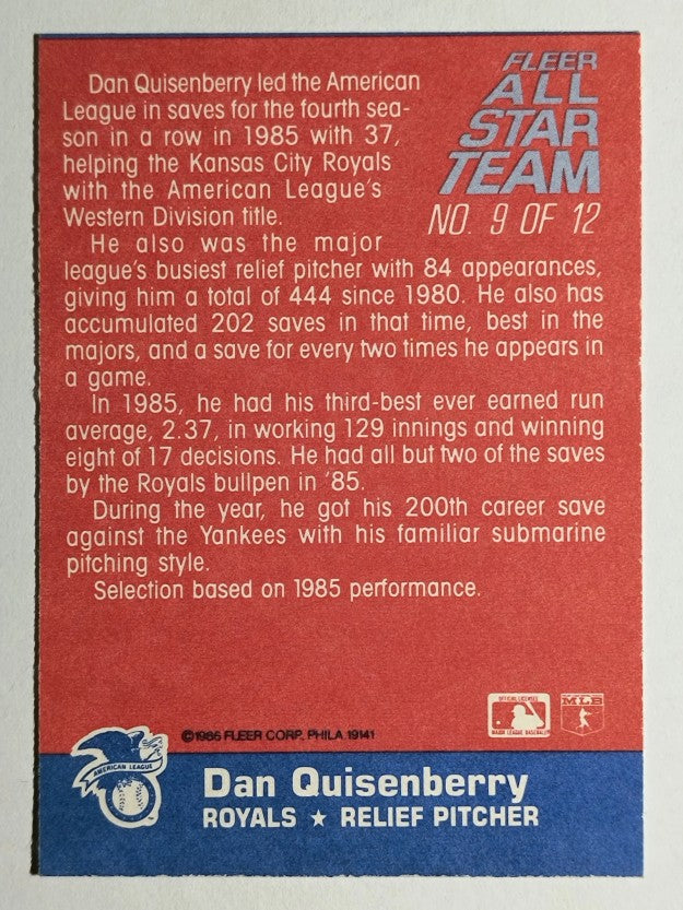1986 Fleer All-Stars #9 Dan Quisenberry