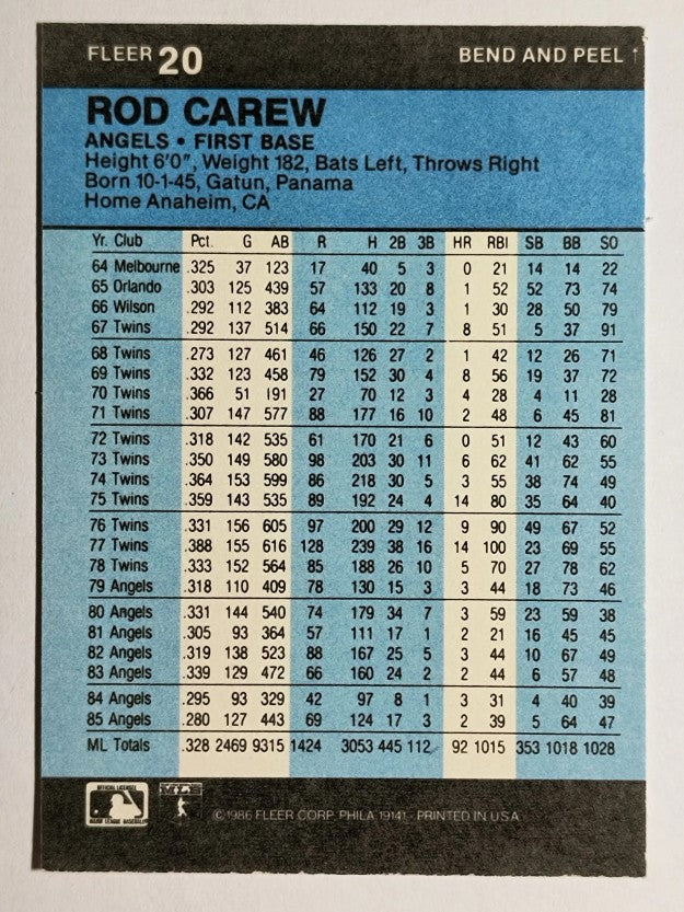 1986 Fleer Star Stickers #20 Rod Carew