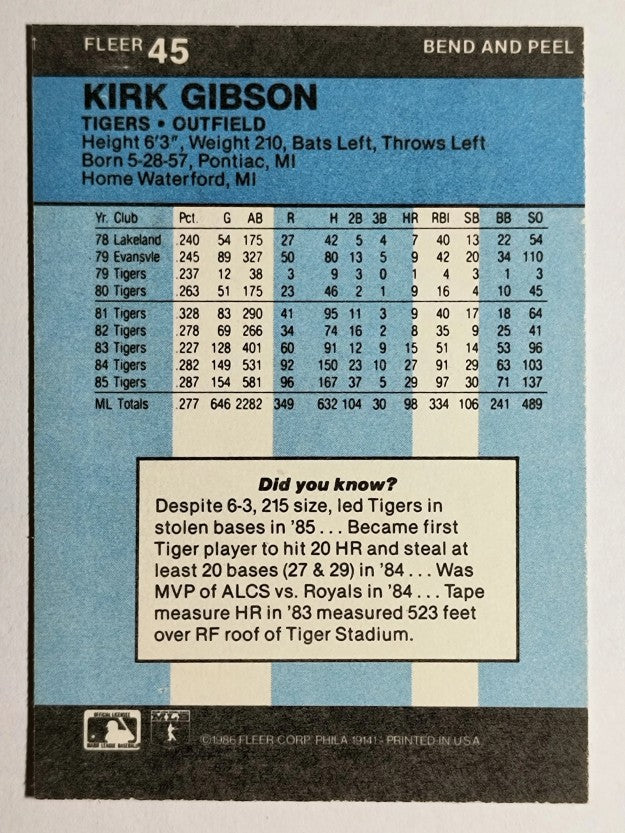 1986 Fleer Star Stickers #45 Kirk Gibson
