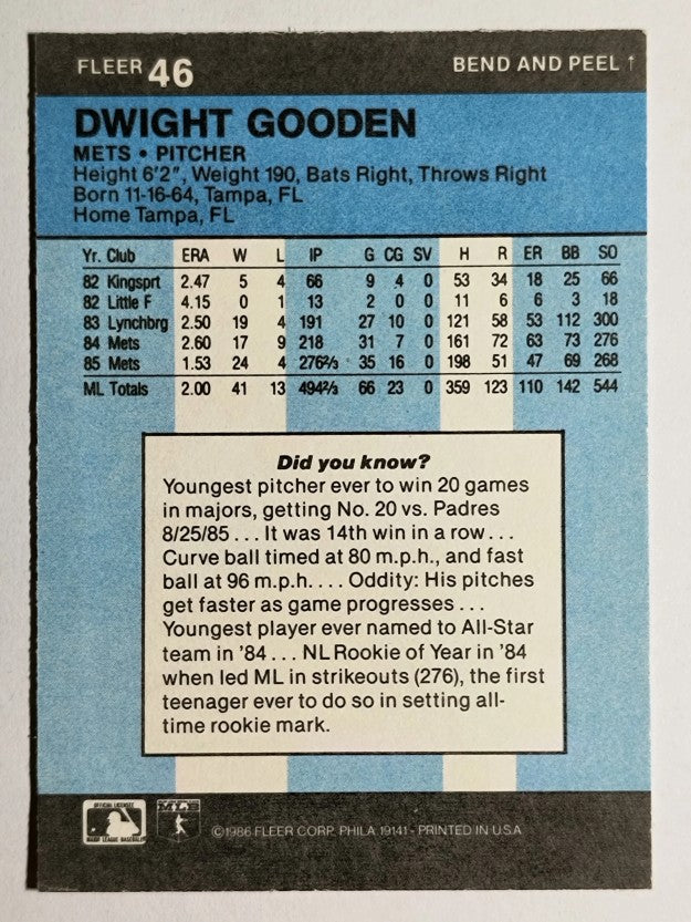 1986 Fleer Star Stickers #46 Dwight Gooden