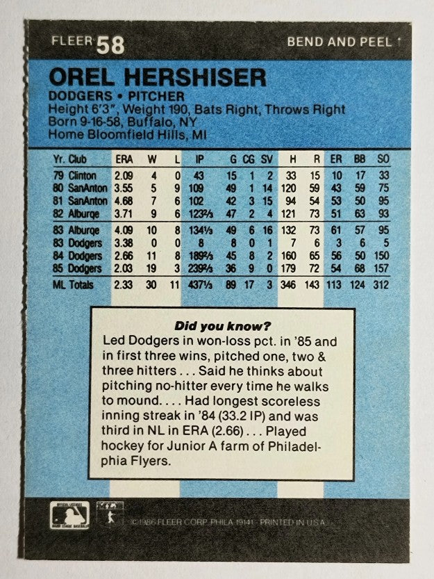 1986 Fleer Star Stickers #58 Orel Hershiser