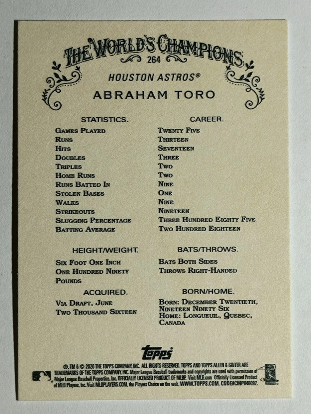 2020 Topps Allen and Ginter #264 Abraham Toro RC