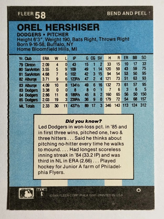 1986 Fleer Star Stickers #58 Orel Hershiser