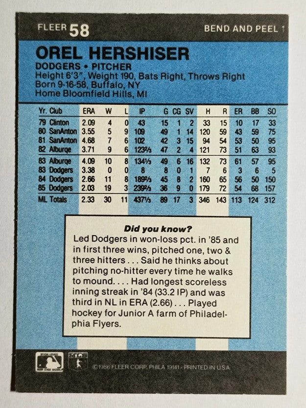 1986 Fleer Star Stickers #58 Orel Hershiser
