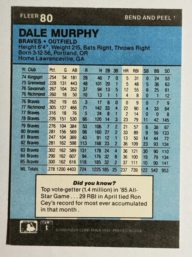 1986 Fleer Star Stickers #80 Dale Murphy