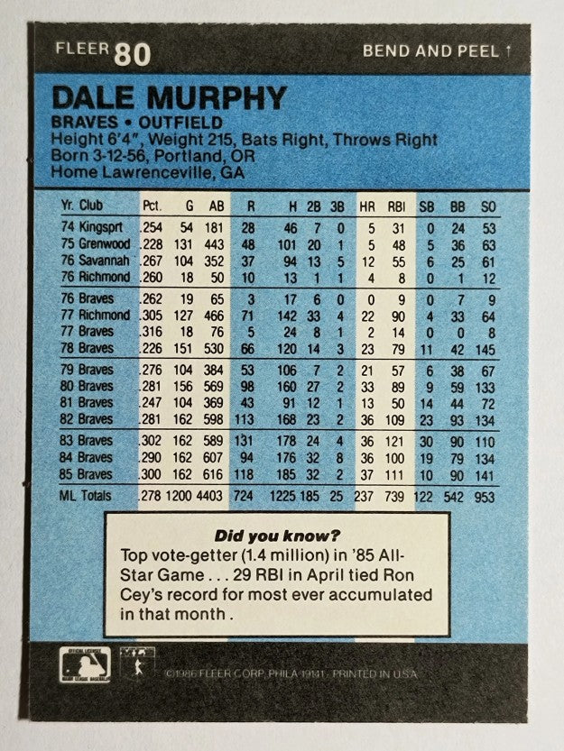 1986 Fleer Star Stickers #80 Dale Murphy