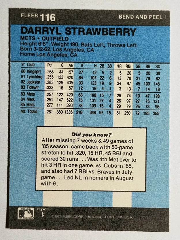 1986 Fleer Star Stickers #116 Darryl Strawberry