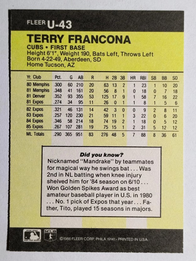 1986 Fleer Update #U43 Terry Francona