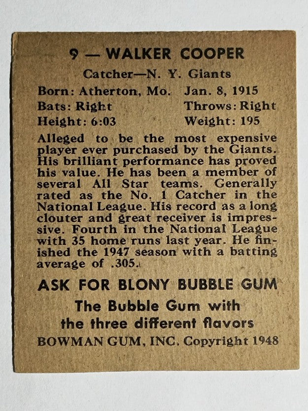 1948 Bowman #9 Walker Cooper RC (VG)