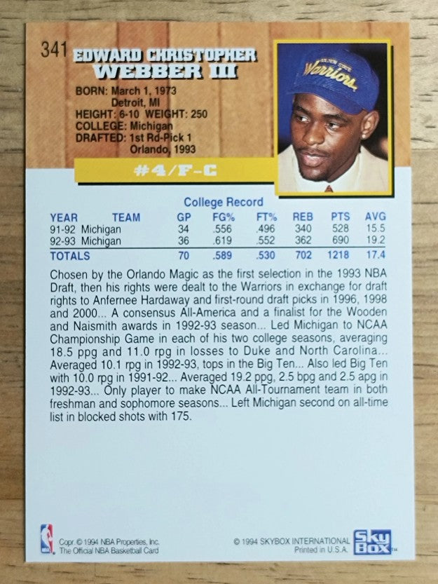1993-94 Hoops #341 Chris Webber RC