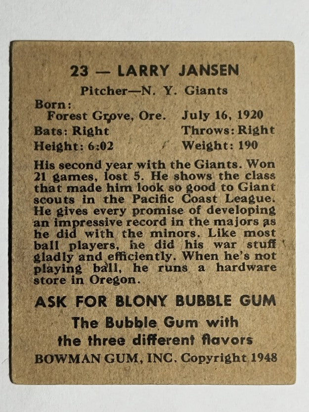 1948 Bowman #23 Larry Jansen RC (VG)